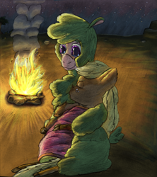Size: 1631x1835 | Tagged: safe, artist:firefanatic, community related, character:applejack, character:paprika paca, species:alpaca, species:pony, them's fightin' herds, g4, blanket, campfire, cuddling, cute, desert, fluffy, missing accessory, night, paprikadorable, peaceful, rock, sand, smoke, tree