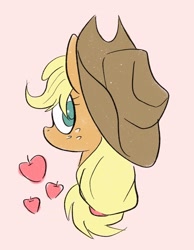 Size: 1480x1910 | Tagged: safe, artist:noupu, character:applejack, species:pony, g4, apple, bust, cute, female, food, jackabetes, looking back, mare, no pupils, pink background, portrait, simple background, solo