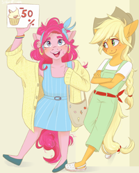 Size: 2000x2500 | Tagged: safe, artist:silbersternenlicht, character:applejack, character:pinkie pie, species:anthro, species:earth pony, species:pony, g4, applejack's hat, bag, bandana, cardigan, clothing, cowboy hat, crocs, cupcake, ear piercing, earring, food, hat, hooped earrings, jewelry, open mouth, overalls, piercing, wristband