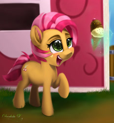 Size: 3011x3250 | Tagged: safe, artist:darksly, character:babs seed, species:earth pony, species:pony, g4, barn, cheek fluff, cutie mark, ear fluff, female, food, freckles, grass, high res, ice cream, implied sweetie belle, magic, offscreen character, raised hoof, signature, solo, telekinesis