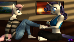 Size: 3840x2160 | Tagged: safe, artist:shadowboltsfm, character:rarity, character:sweetie belle, species:anthro, species:plantigrade anthro, species:pony, species:unicorn, g4, 3d, 4k, barefoot, breasts, crossed legs, cute, eyelashes, feet, female, midriff, nail polish, older, older sweetie belle, pedicure, siblings, sisters, sitting, smiling, source filmmaker, toenail polish