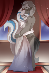 Size: 2683x3950 | Tagged: safe, artist:conrie, oc, oc only, oc:lady lightning strike, oc:the ghost, species:anthro, species:pegasus, species:pony, species:unicorn, g4, anthro oc, dancing, duo, eyes closed, horn, pegasus oc, romantic, unicorn oc, wings