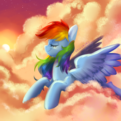 Size: 4000x4000 | Tagged: safe, artist:kaikururu, character:rainbow dash, species:pegasus, species:pony, g4, absurd resolution, cloud, eyes closed, female, lying down, mare, on a cloud, profile, prone, sky, solo, sun, sunset