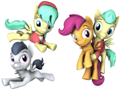 Size: 1280x923 | Tagged: safe, artist:pika-robo, character:barley barrel, character:pickle barrel, character:rumble, character:scootaloo, species:pegasus, species:pony, g4, 3d, assisted flying, barrel twins, brother and sister, colt, female, filly, flying, foal, friendshipping, male, siblings, simple background, source filmmaker, transparent background, twins