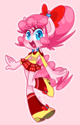 Size: 800x1250 | Tagged: safe, artist:thegreatrouge, character:pinkie pie, species:anthro, g4, clothing, high heels, open mouth, ribbon, shoes, skirt, socks