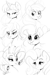 Size: 791x1200 | Tagged: safe, artist:thelunarmoon, character:applejack, character:fluttershy, character:pinkie pie, character:rainbow dash, character:rarity, character:twilight sparkle, species:earth pony, species:pegasus, species:pony, species:unicorn, g4, bust, cute, female, grayscale, group shot, heart eyes, lidded eyes, mane six, mare, monochrome, portrait, sketch, smiling, three quarter view, tongue out, wingding eyes