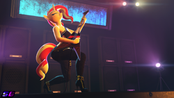 Size: 3840x2160 | Tagged: safe, artist:shadowboltsfm, character:sunset shimmer, species:anthro, species:plantigrade anthro, g4, 3d, 4k, boots, breasts, cute, electric guitar, eyes closed, grin, guitar, high heel boots, high heels, musical instrument, shoes, smiling, source filmmaker, spotlight, stage
