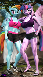 Size: 2160x3840 | Tagged: safe, artist:shadowboltsfm, character:rainbow dash, character:twilight sparkle, character:twilight sparkle (alicorn), species:alicorn, species:anthro, species:pegasus, species:plantigrade anthro, species:pony, g4, 3d, 4k, belly button, bra, breasts, busty rainbow dash, busty twilight sparkle, clothing, crop top bra, denim shorts, exposed belly, eyelashes, female, females only, flip-flops, hand on hip, heel pop, looking at you, midriff, nail polish, shoes, shorts, smiling, smiling at you, sneakers, source filmmaker, standing, underwear, wings