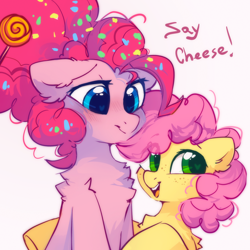 Size: 1700x1700 | Tagged: safe, artist:mirtash, character:li'l cheese, character:pinkie pie, species:earth pony, species:pony, episode:the last problem, g4, my little pony: friendship is magic, blushing, colt, female, freckles, heart eyes, male, mare, mother and child, mother and son, older, older pinkie pie, open mouth, smiling, wingding eyes