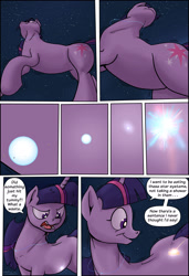Size: 1772x2598 | Tagged: source needed, safe, artist:shieltar, part of a set, character:twilight sparkle, character:twilight sparkle (unicorn), species:pony, species:unicorn, comic:giant twilight, g4, comic, cute, dialogue, female, giant pony, giant twilight sparkle, giantess, growth, jewelry, macro, magic, mare, necklace, part of a series, pony bigger than a planet, pony bigger than a solar system, pony bigger than a star, pony heavier than a black hole, signature, size difference, solo, space, stars
