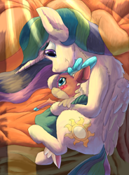 Size: 1584x2154 | Tagged: safe, artist:firefanatic, community related, character:princess celestia, character:velvet reindeer, species:alicorn, species:deer, species:pony, species:reindeer, them's fightin' herds, g4, bed, blanket, blushing, cuddling, cute, embarrassed, missing accessory, momlestia, pillow, smiling, story included