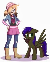 Size: 736x900 | Tagged: safe, artist:riouku, oc, oc:hunter, oc:karen, species:human, species:pegasus, species:pony, g4, beanie, boots, clothing, female, glasses, hat, jacket, jeans, pants, purple mane, shoes, simple background, skirt, striped sweater, sweater, white background