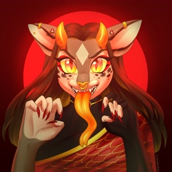 Size: 4096x4096 | Tagged: safe, artist:helemaranth, oc, oc only, oc:helemaranth, species:anthro, species:demon pony, g4, bust, clothing, demon, female, horns, long tongue, nail polish, nose piercing, nose ring, original species, piercing, sharp teeth, solo, teeth, tongue out
