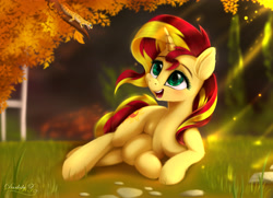 Size: 4500x3250 | Tagged: safe, artist:darksly, character:ray, character:sunset shimmer, species:pony, species:unicorn, g4, autumn, cute, digital art, female, gecko, high res, leopard gecko, lying down, mare, open mouth, ray, scenery, shimmerbetes, signature, smiling, solo, tree