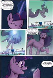 Size: 1772x2598 | Tagged: source needed, safe, artist:shieltar, part of a set, character:twilight sparkle, character:twilight sparkle (unicorn), species:pony, species:unicorn, comic:giant twilight, g4, comic, cute, dialogue, female, giant pony, giant twilight sparkle, giantess, growth, jewelry, macro, magic, mare, necklace, part of a series, pony bigger than a planet, pony bigger than a solar system, pony bigger than a star, pony heavier than a black hole, signature, size difference, solo, space, stars