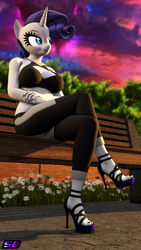 Size: 2160x3840 | Tagged: safe, artist:shadowboltsfm, character:rarity, species:anthro, species:plantigrade anthro, species:pony, species:unicorn, g4, 3d, 4k, bench, black nail polish, breasts, cleavage, crossed arms, crossed legs, eyelashes, feet, high heels, midriff, nail polish, shoes, sitting, smiling, source filmmaker, sunset, toenail polish