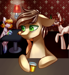 Size: 1914x2085 | Tagged: safe, artist:helemaranth, oc, oc only, oc:rusty star, species:earth pony, species:pony, g4, alcohol, bar, beer, bust, colored hooves, cup, earth pony oc, hoof hold, indoors, lonely, raised hoof, sitting
