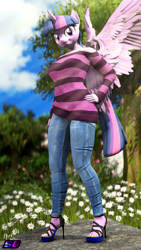 Size: 2160x3840 | Tagged: safe, artist:shadowboltsfm, character:twilight sparkle, character:twilight sparkle (alicorn), species:alicorn, species:anthro, species:plantigrade anthro, species:pony, g4, 3d, 4k, breasts, clothing, eyelashes, feet, hand on hip, high heels, jeans, looking at you, pants, shoes, smiling, solo, source filmmaker, standing, sun ray, wings