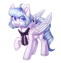 Size: 1735x1803 | Tagged: safe, artist:helemaranth, oc, oc only, species:pegasus, species:pony, g4, bow, eye clipping through hair, pegasus oc, raised hoof, simple background, smiling, solo, transparent background, wings