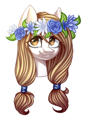 Size: 1408x1956 | Tagged: safe, artist:helemaranth, oc, oc only, species:earth pony, species:pony, g4, bust, earth pony oc, floral head wreath, flower, simple background, smiling, solo, transparent background