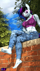 Size: 2160x3840 | Tagged: safe, artist:shadowboltsfm, oc, oc:maple cake, species:anthro, species:plantigrade anthro, g4, 3d, 4k, barefoot, belly button, bra, breasts, clothing, crop top bra, crossed legs, cute, feet, jeans, looking at you, pants, sitting, smiling, source filmmaker, underwear