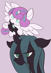 Size: 1442x2048 | Tagged: safe, artist:noupu, character:princess flurry heart, character:queen chrysalis, species:alicorn, species:changeling, species:pony, g4, baby, baby pony, biting, bust, cute, duo, eye clipping through hair, female, floppy ears, lavender background, nibbling, no pupils, portrait, purple background, queen chrysalis is not amused, simple background, unamused