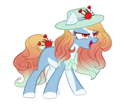 Size: 2567x2302 | Tagged: safe, artist:helemaranth, oc, oc only, oc:cara, species:crab, species:earth pony, species:pony, g4, bow, clothing, colored hooves, earth pony oc, eyelashes, hat, open mouth, simple background, smiling, smirk, solo, sun hat, transparent background