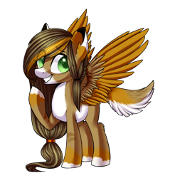 Size: 1434x1500 | Tagged: safe, artist:helemaranth, oc, oc only, species:pegasus, species:pony, g4, colored hooves, commission, grin, pegasus oc, raised hoof, simple background, smiling, solo, transparent background, wings, ych result