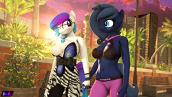Size: 3840x2160 | Tagged: safe, artist:shadowboltsfm, oc, oc:aurora starling, oc:midnight music, species:anthro, species:plantigrade anthro, g4, 3d, 4k, belly button, bench, bracelet, breasts, clothing, cute, dawwww, dress, eyelashes, glasses, holding hands, jewelry, lens flare, midriff, palm tree, smiling, source filmmaker, sports bra, sunset, tree