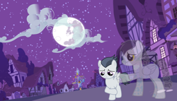 Size: 2500x1425 | Tagged: safe, artist:jawsandgumballfan24, character:rumble, oc, species:pony, g4, colt, female, ghost, male, mare in the moon, moon, mother and child, mother and son, night, ponyville, sad, twilight's castle, undead