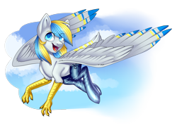 Size: 3000x2300 | Tagged: safe, artist:helemaranth, oc, oc only, oc:cirrus sky, species:hippogriff, g4, flying, hippogriff oc, male, open mouth, simple background, smiling, solo, transparent background