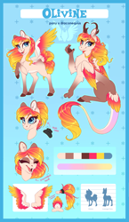 Size: 2481x4272 | Tagged: safe, artist:silkensaddle, oc, oc only, oc:olivine, species:draconequus, species:pegasus, species:pony, g4, butt, color palette, dock, draconequified, draconequus oc, fangs, featureless crotch, female, generic pony, leonine tail, looking back, mare, open mouth, plot, reference sheet, size comparison, species swap, wings