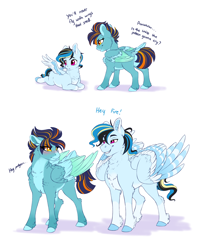 Size: 1944x2466 | Tagged: safe, artist:silkensaddle, oc, oc only, species:pegasus, species:pony, g4, alternate universe, chest fluff, dialogue, duo, female, looking at each other, male, next generation, simple background, two toned wings, white background, wings