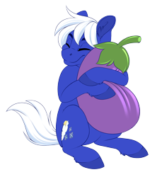 Size: 2840x3201 | Tagged: safe, artist:madspacekitty, artist:silkensaddle, oc, oc only, species:earth pony, species:pony, g4, colored, cute, eggplant, food, hug, simple background, solo, transparent background
