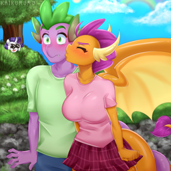 Size: 3000x3000 | Tagged: safe, artist:kaikururu, character:rarity, character:smolder, character:spike, species:anthro, species:dragon, species:unicorn, ship:spolder, g4, binoculars, blood, breasts, busty smolder, digital art, dragoness, female, kissing, male, mare, nosebleed, shipping, smiling, spying, straight, surprise kiss, tree