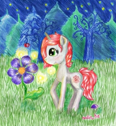 Size: 1161x1260 | Tagged: safe, artist:helemaranth, oc, oc only, species:pony, species:unicorn, g4, flower, horn, night, outdoors, smiling, solo, stars, tree, unicorn oc