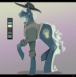 Size: 2018x2048 | Tagged: safe, artist:helemaranth, oc, oc only, species:earth pony, species:pony, g4, clothing, earth pony oc, gradient background, hat, raised hoof, reference sheet, solo