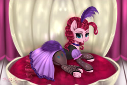 Size: 4500x3000 | Tagged: safe, artist:darksly, character:pinkie pie, species:earth pony, species:pony, episode:over a barrel, g4, my little pony: friendship is magic, alternate hairstyle, clam, clothing, collar, dress, female, headdress, looking at you, mare, saloon dress, saloon pinkie, solo, stockings, thigh highs, underhoof