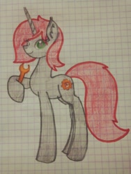 Size: 972x1296 | Tagged: safe, artist:helemaranth, oc, oc only, species:pony, species:unicorn, g4, graph paper, hoof hold, horn, solo, traditional art, unicorn oc, wrench