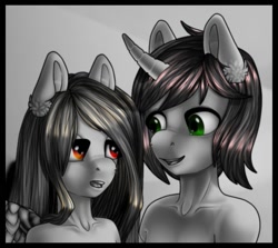 Size: 697x622 | Tagged: safe, artist:helemaranth, oc, oc only, species:pony, species:unicorn, g4, bust, duo, horn, smiling, unicorn oc