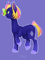 Size: 768x1024 | Tagged: safe, artist:helemaranth, oc, oc only, species:pony, g4, bicorn, blue background, butterfly, colored hooves, horn, multiple horns, raised hoof, simple background