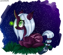 Size: 1000x870 | Tagged: safe, artist:helemaranth, oc, oc only, species:pony, species:unicorn, g4, eyelashes, firefly, horn, insect, lying down, night, outdoors, prone, smiling, stars, unicorn oc