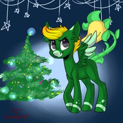 Size: 1024x1024 | Tagged: safe, artist:helemaranth, base used, oc, oc only, species:pegasus, species:pony, g4, augmented tail, christmas, christmas tree, ear fluff, grin, holiday, monster pony, original species, pegasus oc, piranha plant pony, plant, plant pony, signature, smiling, solo, tree, two toned wings, wings