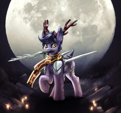 Size: 1191x1113 | Tagged: safe, artist:ampderg, oc, oc:oyama, species:deer, g4, clothing, dungeons and dragons, moon, pen and paper rpg, rpg, scarf, sword, weapon