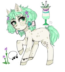 Size: 520x574 | Tagged: safe, artist:helemaranth, oc, oc only, species:earth pony, species:pony, g4, bow, cup, drink, earth pony oc, flower, flower in hair, hair bow, jewelry, looking back, necklace, raised hoof, reference sheet, simple background, solo, white background