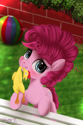 Size: 3000x4500 | Tagged: safe, artist:darksly, character:boneless, character:pinkie pie, species:earth pony, species:pony, g4, female, filly, filly pinkie pie, high res, looking at you, mouth hold, rubber chicken, solo, younger