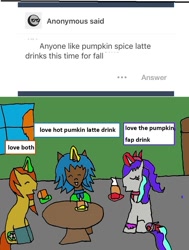 Size: 774x1025 | Tagged: safe, artist:ask-luciavampire, oc, species:pony, species:unicorn, g4, ask, ask-ponys-gamer-club, coffee, tumblr