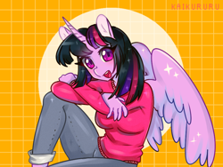Size: 800x600 | Tagged: safe, artist:kaikururu, character:twilight sparkle, character:twilight sparkle (alicorn), species:alicorn, species:anthro, species:pony, g4, abstract background, female, looking at you, open mouth, redraw, sitting, solo