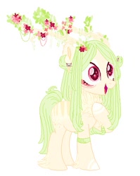 Size: 389x488 | Tagged: safe, artist:helemaranth, oc, oc only, species:deer, species:pony, g4, antlers, feathered fetlocks, flower, hooves to the chest, open mouth, original species, simple background, smiling, solo, white background