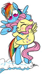 Size: 425x750 | Tagged: safe, artist:bunnimation, character:fluttershy, character:rainbow dash, blushing, cloud, duo, flying, hug, puffy cheeks, shivering